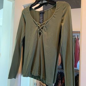 Olive long sleeve v - neck crosshatch shirt